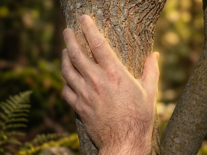 Une main sur un tronc
